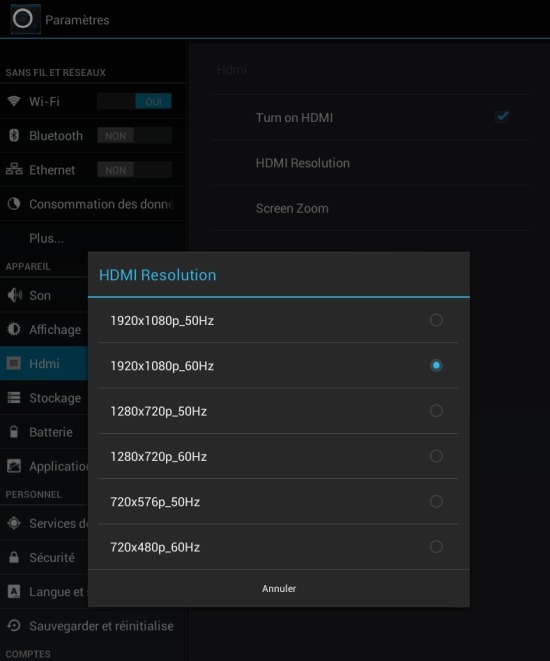 Les résolutions possibles via la prise HDMI