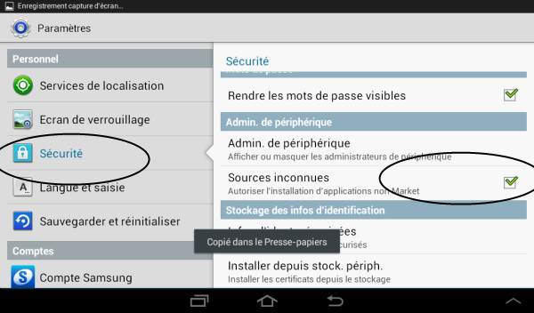 Dans une tablette Android version 4, c'est ici que s'active la gestion des sources inconnues