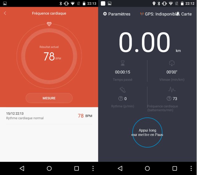 La version Android propose un mode course pour visualiser son rythme cardiaque en permanence