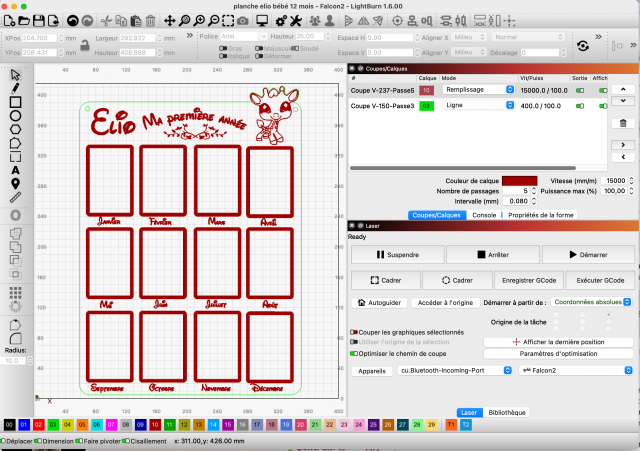 L'interface Lightburn avec au centre la la zone de travail de votre machine Laser