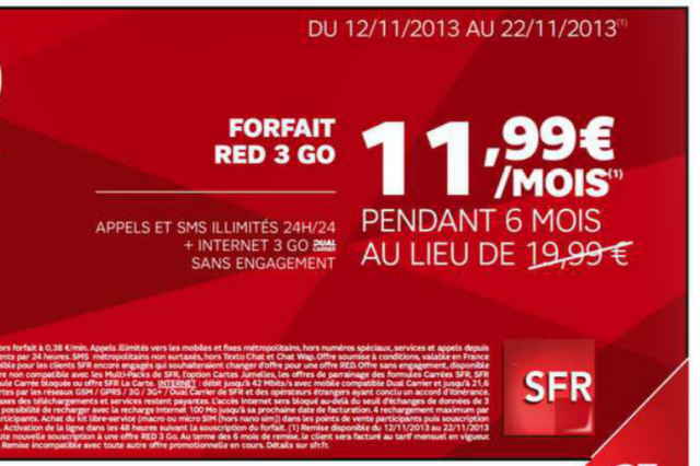 Forfait SFR RED Voix SMS MMS Illimité et 3GO de data (...)
