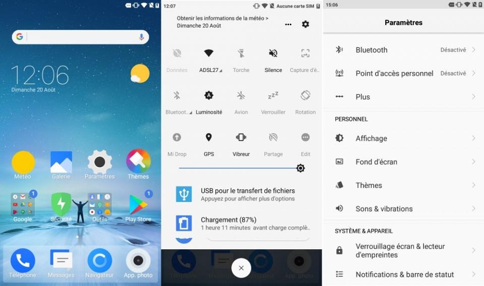 Quelques écrans de l'interface MIUI ici en version 8