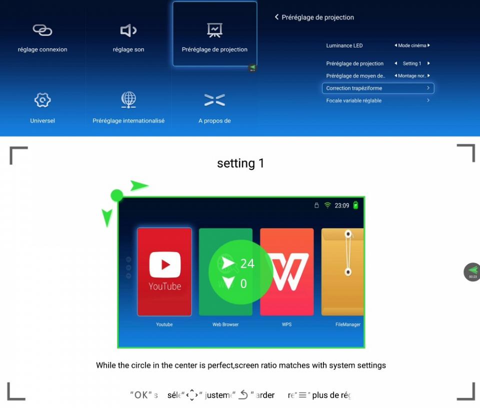 L'écran de réglage de trapèze
