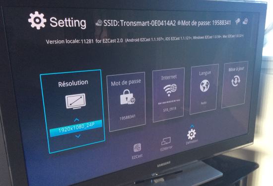 Quelques réglages dont la résolution et le Wifi sont disponibles