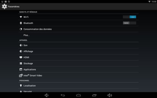 Menu paramétrage Android