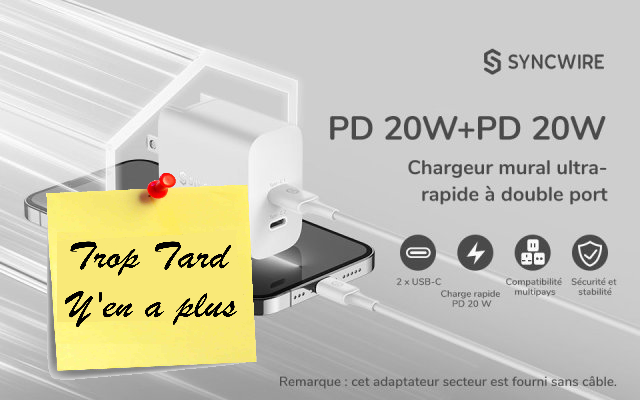Chargeur Secteur Syncwire USB-C PD 40W (20W+20W) à (...)