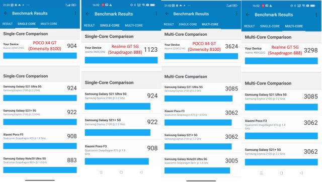 Benchmark Geekbench Poco X4 GT (DIMENSITY 8100) / REALME GT 5G (SNAPDRAGON 888)