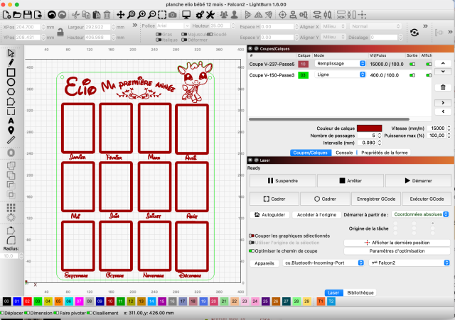 L'interface Lightburn avec au centre la la zone de travail de votre machine Laser