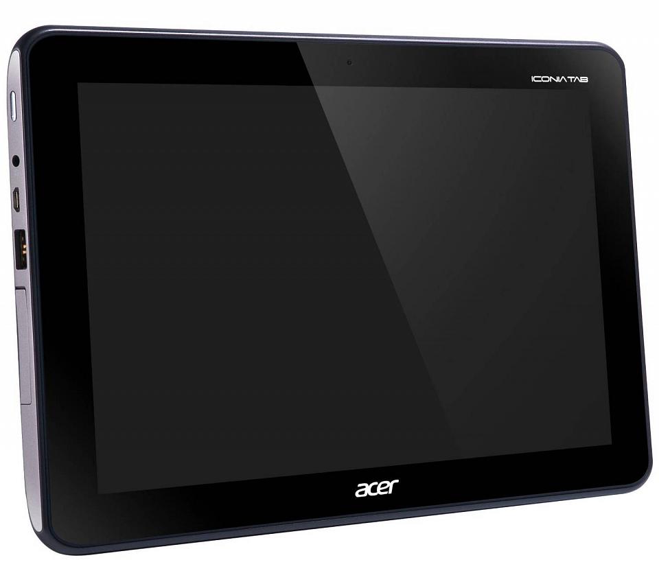 Acer A200 classique avec dalle de verre et contours noirs.