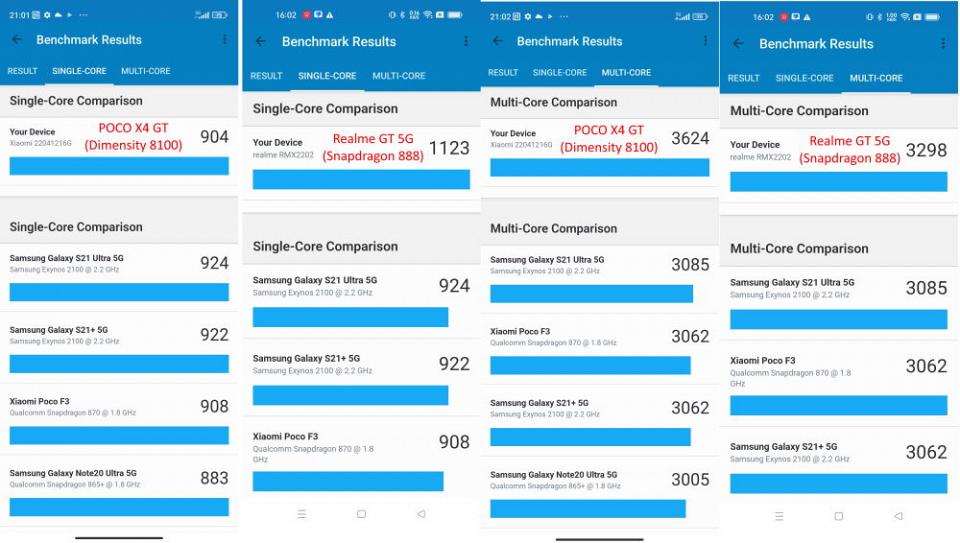 Benchmark Geekbench Poco X4 GT (DIMENSITY 8100) / REALME GT 5G (SNAPDRAGON 888)