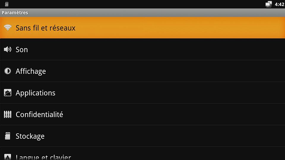 Tizzbird F30, le menu de réglage Android