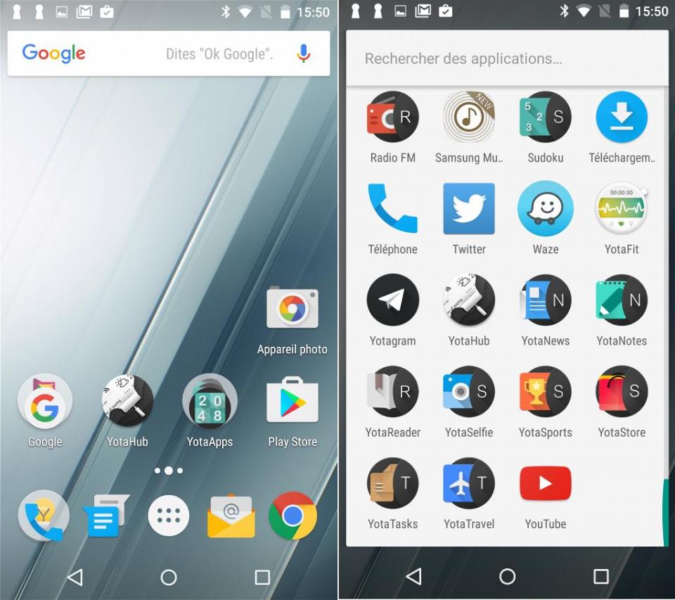 Ici l'interface en Android 5 classique avec toutes les applications YOTAxxxx