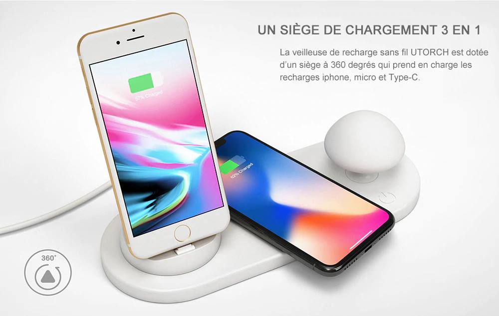Utorch B06, Chargeur USB 3 en 1 et Qi, veilleuse et tactile à 21€36