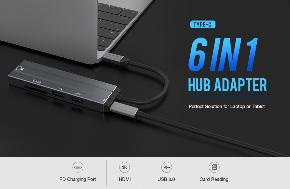 Adaptateur HUB Type C 6 en 1, Port HDMI PD USB 3.0 compatible 4K à 14€54