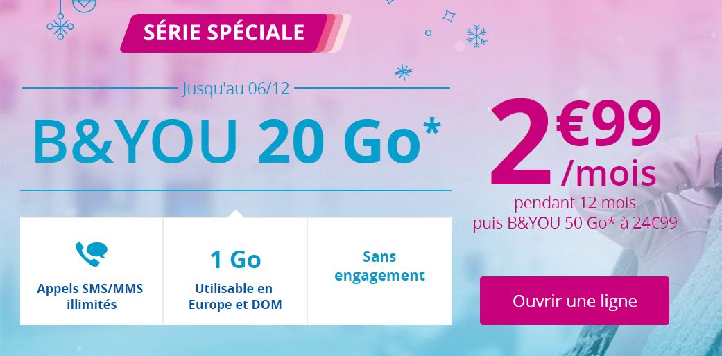 Bouygues Telecom forfait illimités Voix/SMS/MMS Data 20Go 4G 2,99€, prolongation