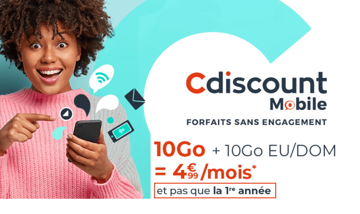 Forfait Cdiscount Mobile Appels/SMS/MMS illimités, 100Go, sans engagement ni durée pour 7,99€