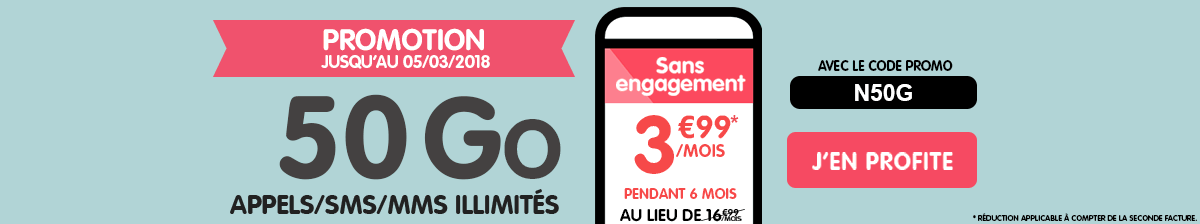 Forfait Smartphone NRJ MOBILE à 50 GO à 3€99 pendant 6 mois avec choix du réseau