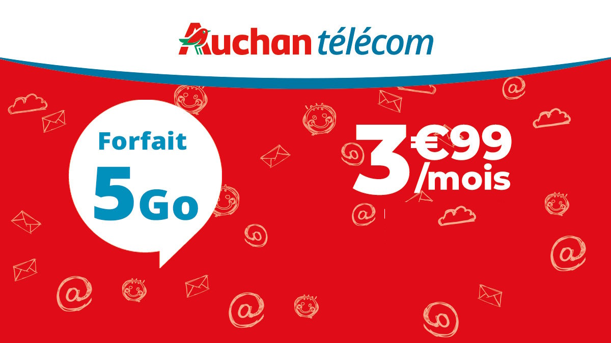Mini Forfait Forfait 4G Auchan Télécom Appels/SMS/MMS illimités et 5Go de DATA à 3,99€ sans engagement