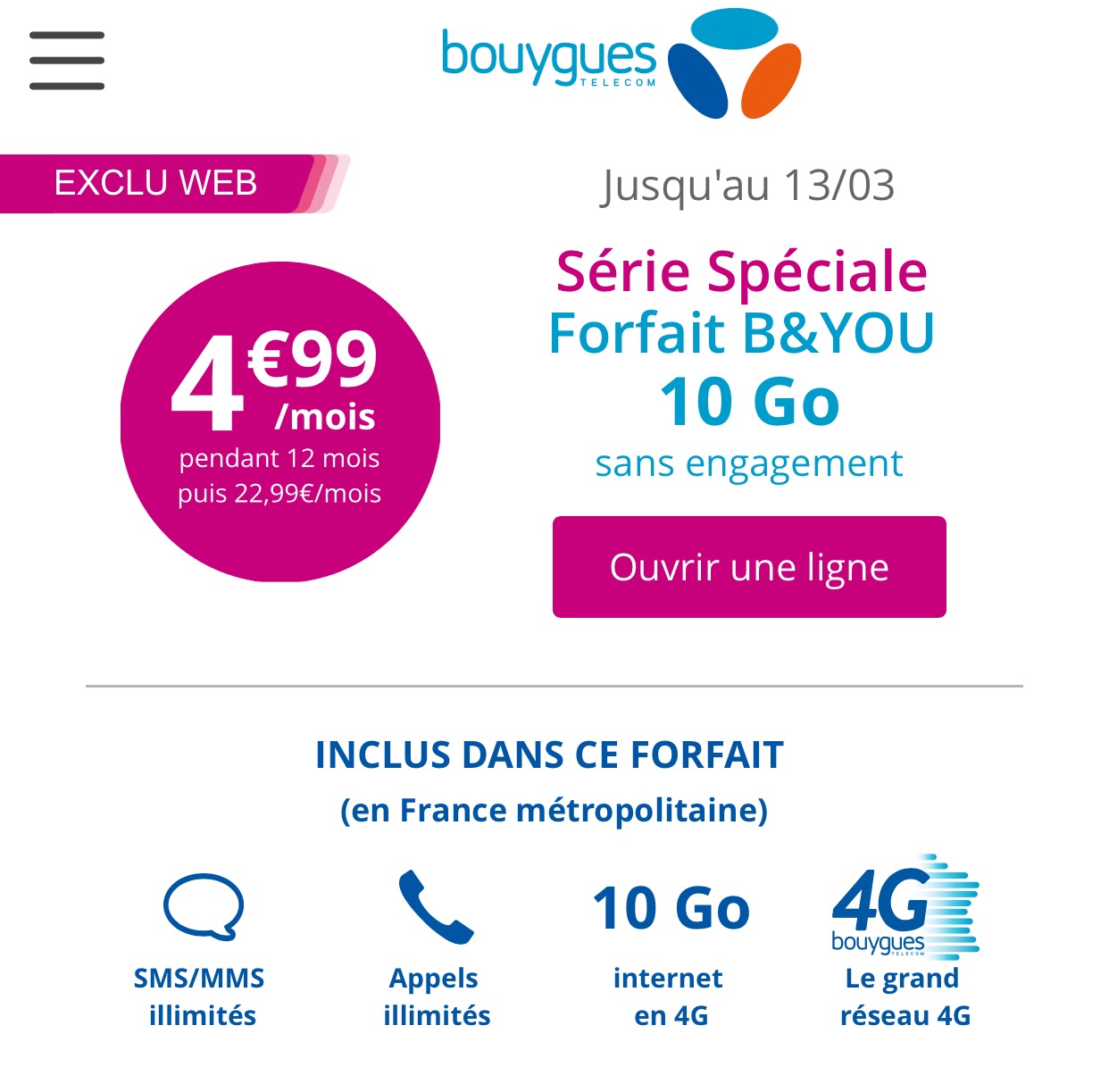 Forfait mobile Smartphone illimité B&YOU 10 Go à 4€99