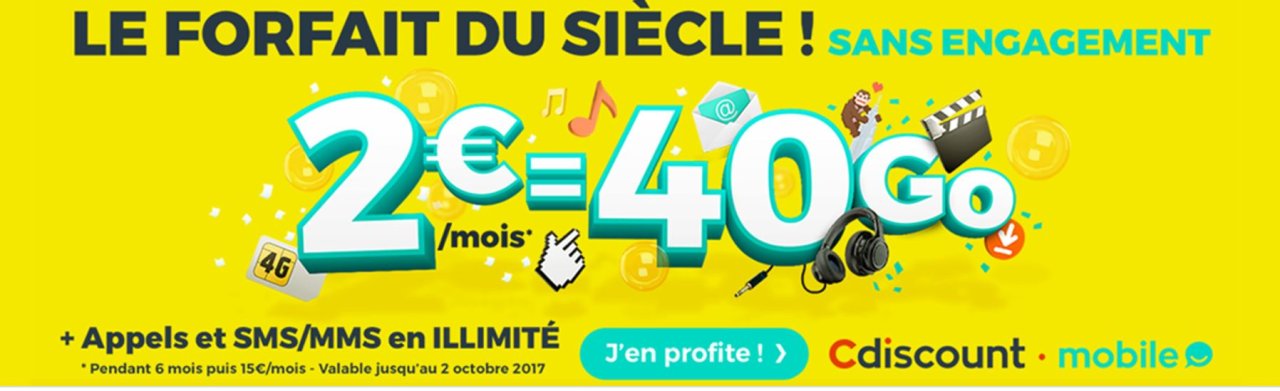 Forfait smartphone Cdiscount Mobile illimités 4G 40Go à 2€ par mois
