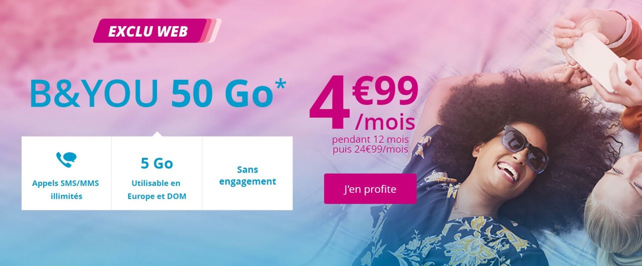 Bouygues Telecom forfait illimités Voix/SMS/MMS Data 50Go 4G à 4,99€ 