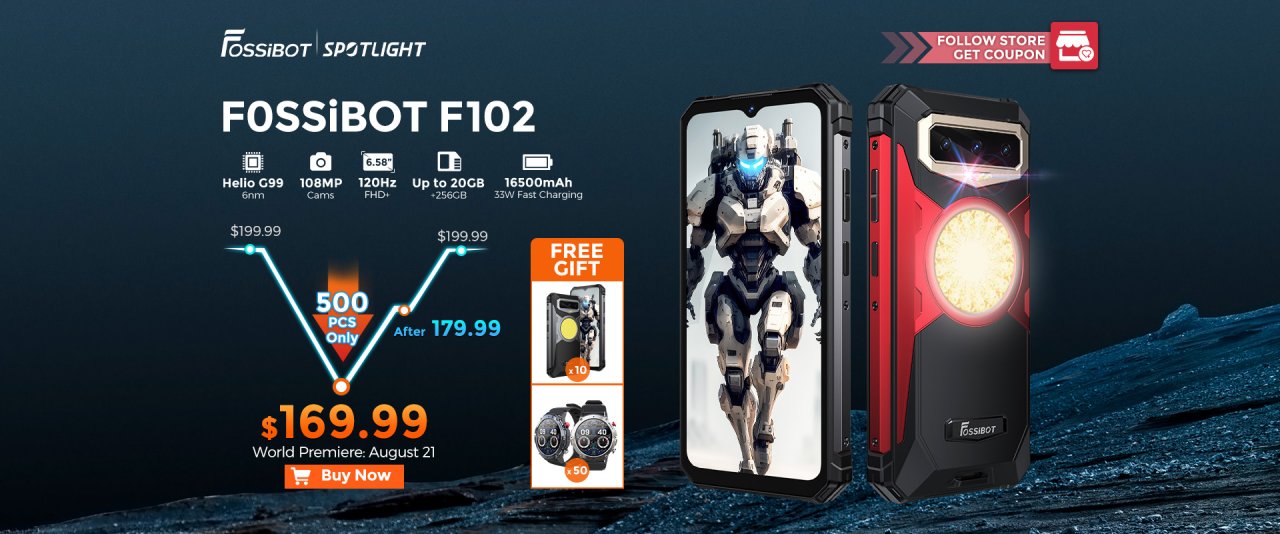 La smartphone chantier FOSSiBOT F102,IP69K, Batterie 16500 mAh, APN 108 Mpx à 257,91€