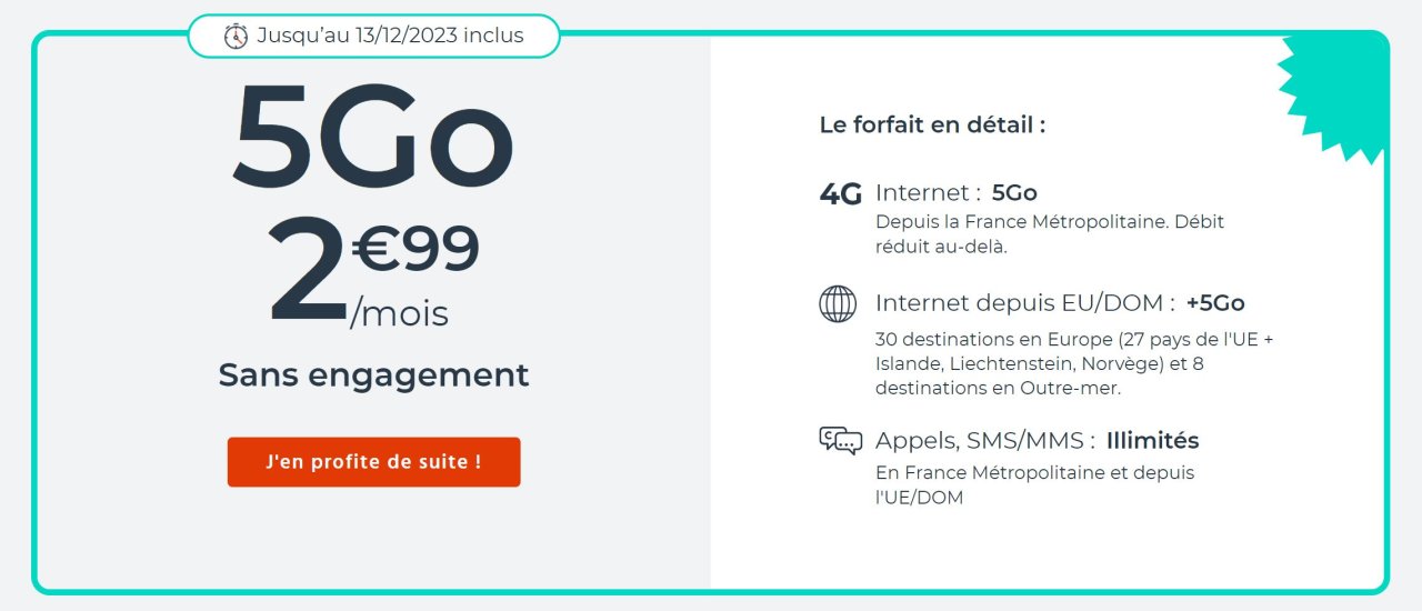 Forfait Cdiscount Mobile Appels/SMS/MMS illimités et 5Go pour 2€99