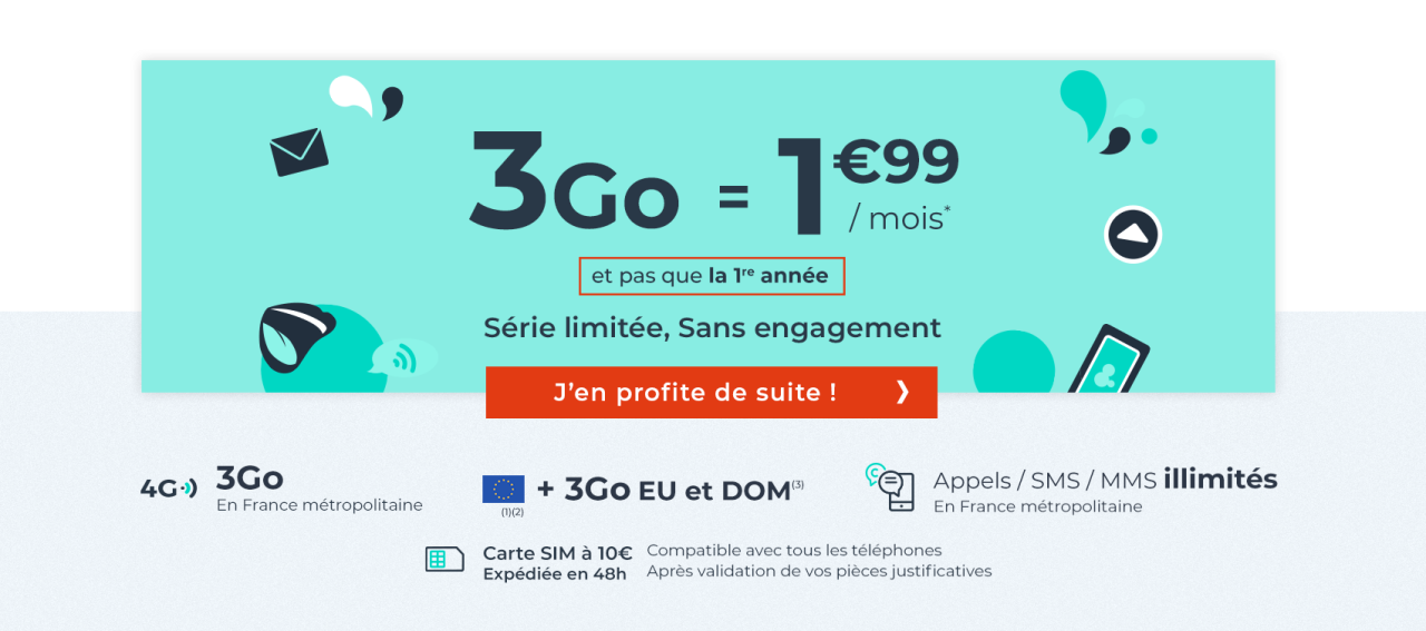 Mini forfait mobile CDISCOUNT appels/SMS/MMS illimités et 3 Go de DATA (sans engagement et pas juste pour un an)