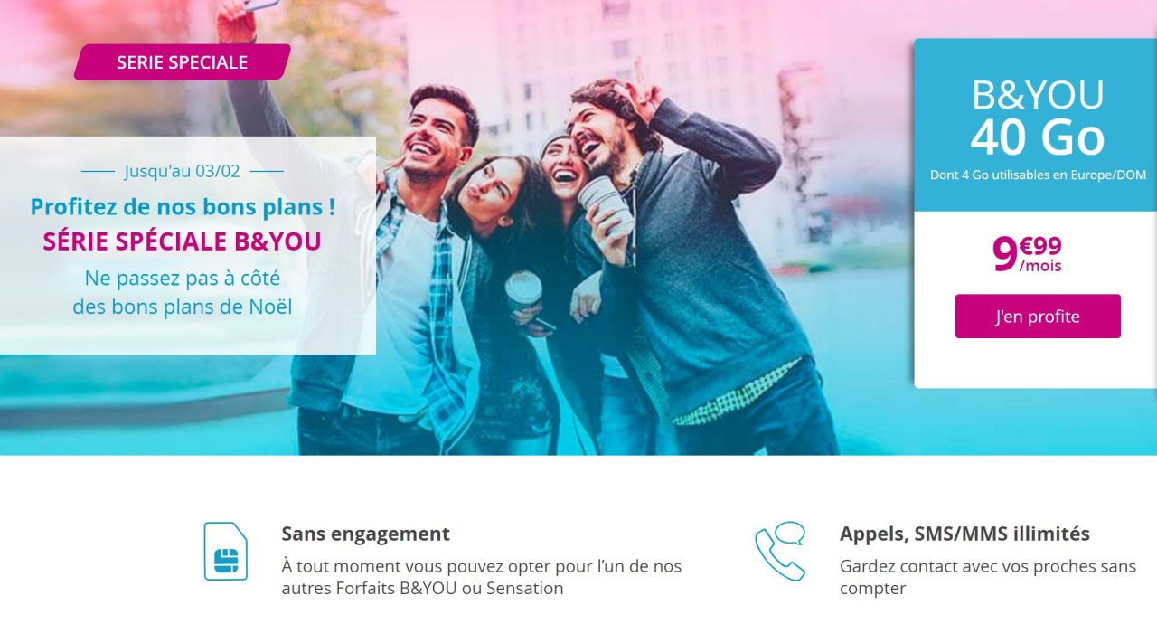 Bouygues Telecom forfait illimité Voix/SMS/MMS Data 40Go 4G à vie 9,99€
