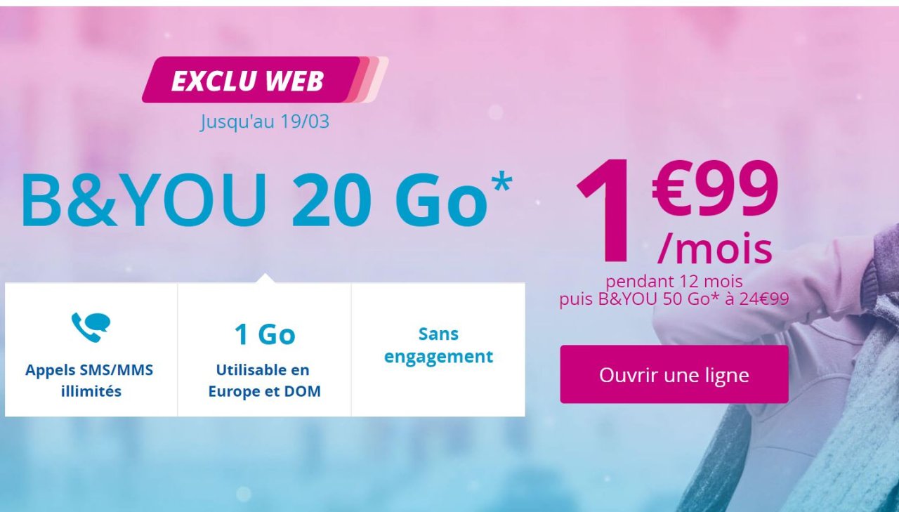 Bouygues Telecom forfait illimités Voix/SMS/MMS Data 20Go 4G à 1,99€ (prolongation) 