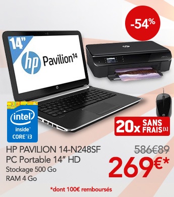 Pc portable 14 pouces Hp, imprimante Wifi et souris 269€ (ODR)