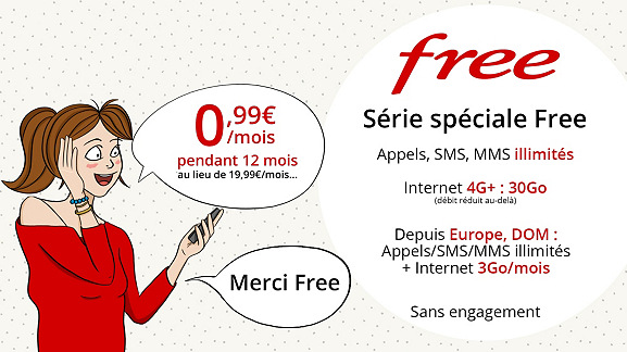 Forfait illimité 4G+ 30GO Free à 0€99 en vente privée
