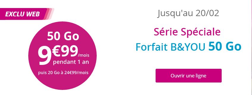 Forfait mobile Bouygues B&You - Appels/SMS/MMS illimités et 50 Go d'Internet à 9.99€