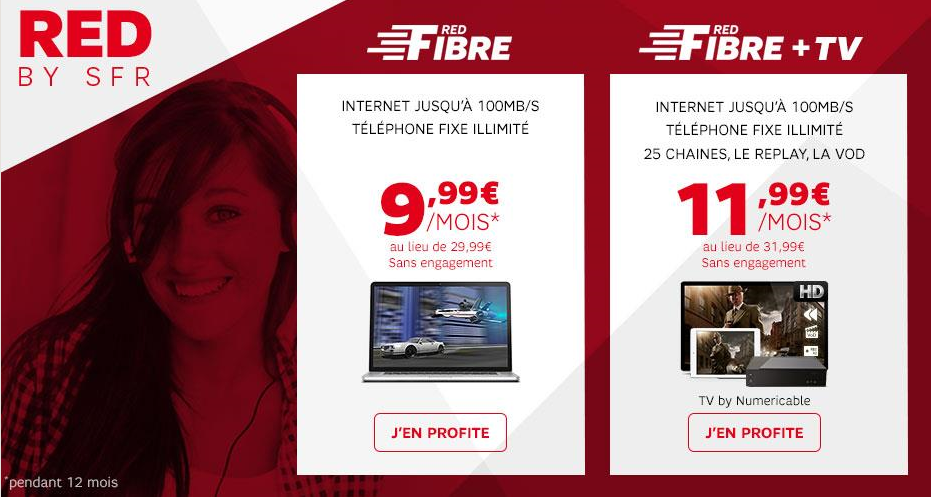 Vente privée RED FIBRE Internet trés haut debit à 9€99 (11€99 avec TV)