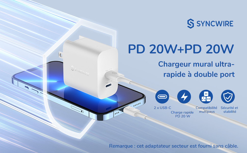 Chargeur Secteur Syncwire USB-C PD 40W (20W+20W) à 25€19