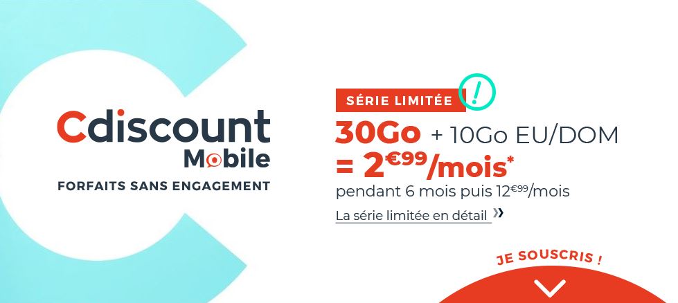 Forfait mobile DATA illimité 30 Go et 10 Go Europe pendant 6 mois 2,99€ @ CDISCOUNT Mobile