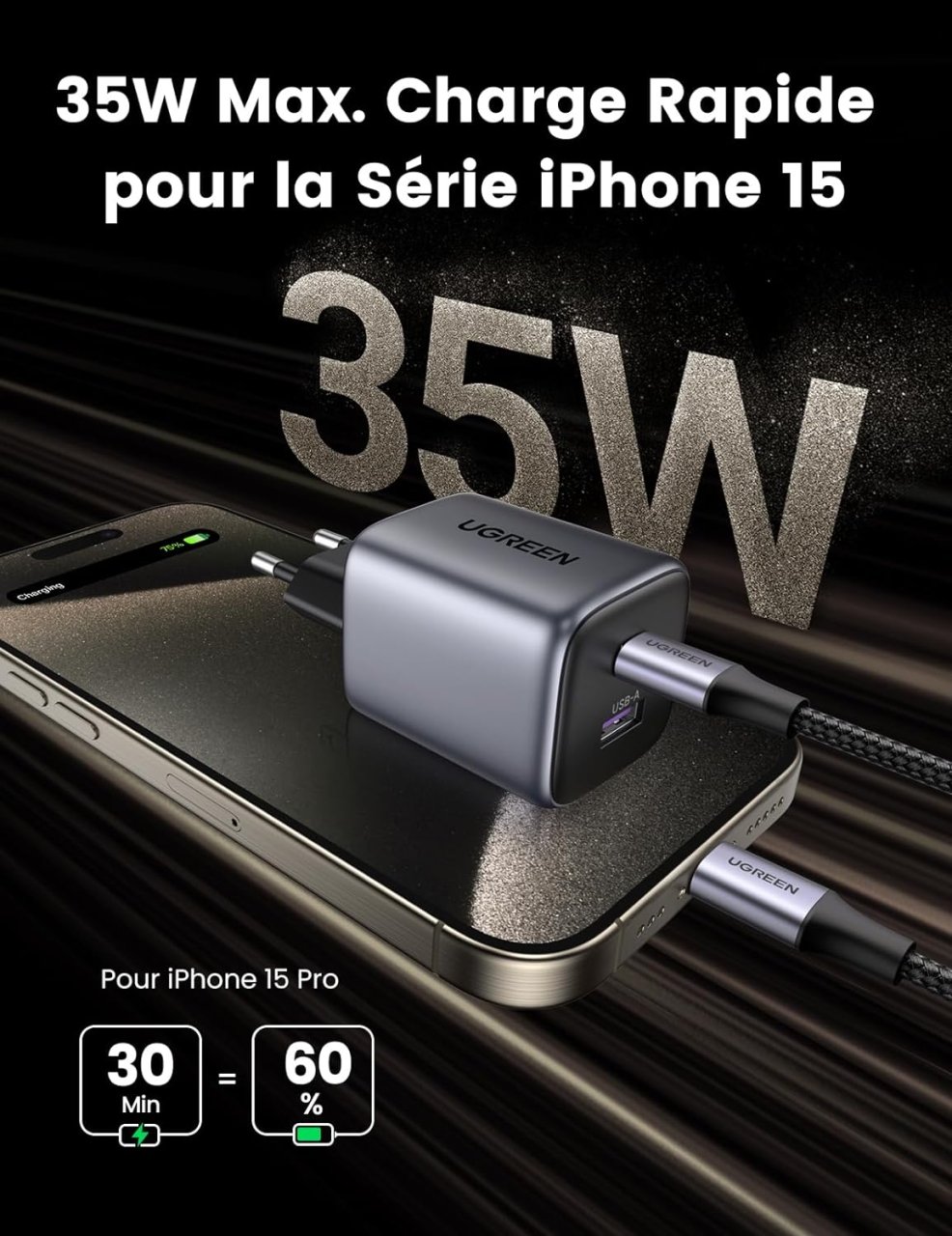 Chargeur UGREEN Nexode 35W GaN Double Prise USB-C et USB-A à 18,19€