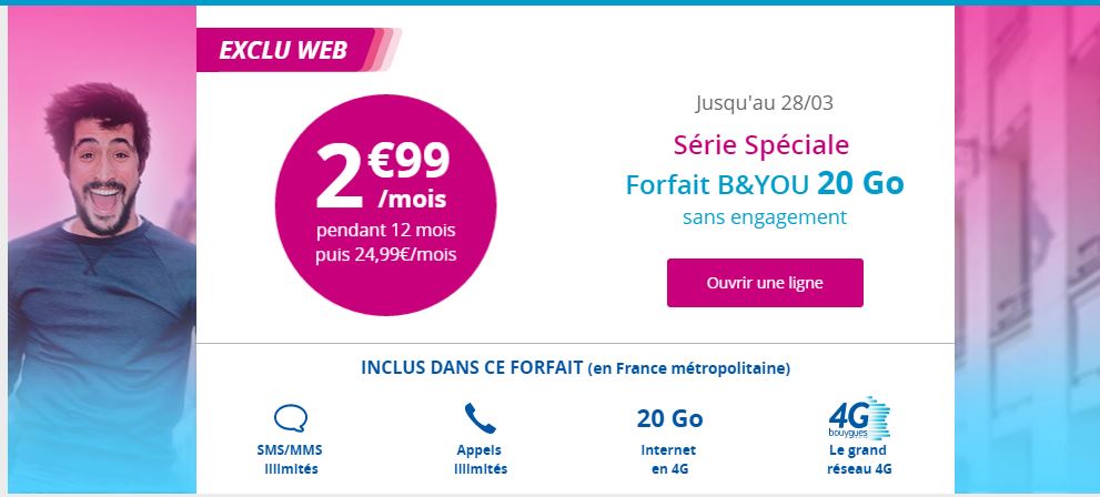 Riposte à FREE, Bouygues B&You 20GO à 2,99€ au lieu de 24,99€ prolongement jusqu'au 8 avril !
