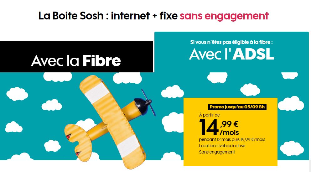Sosh, le Forfait Fibre ou ADSL à 14€99 pendant un an